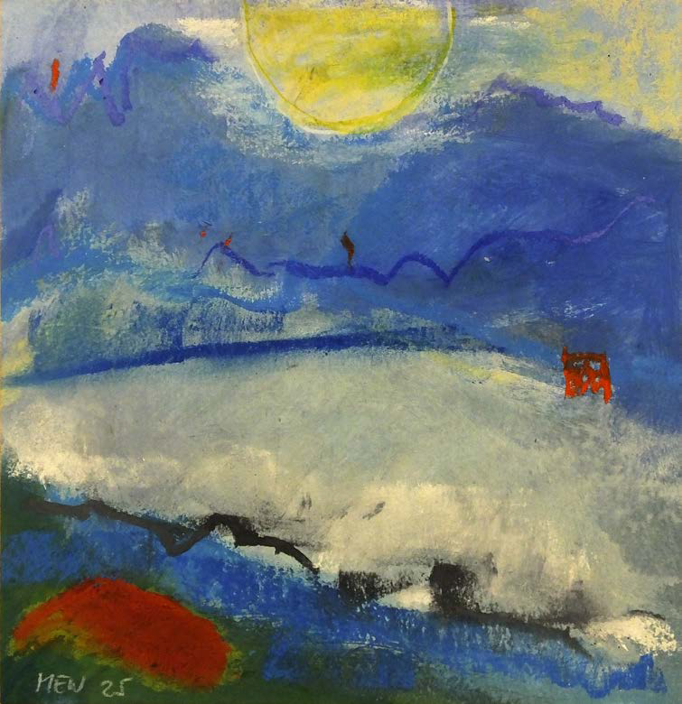 Im blauen Land, Pigment, Acryl, Buntstift, 15 x 15 cm, 2025